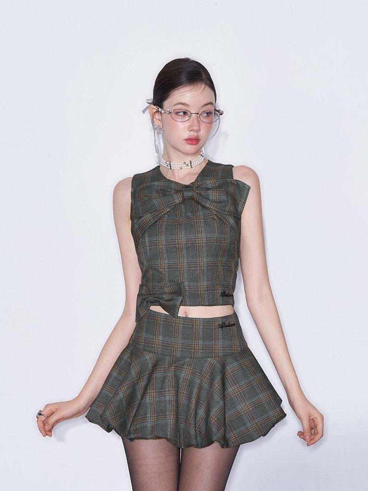 AFTADAWN Plaid 3d Bow Strappy Crop Tulip Skirt Slim Women&