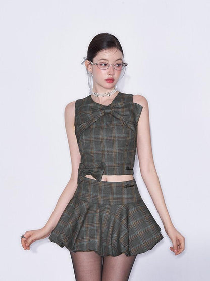 AFTADAWN Plaid 3d Bow Strappy Crop Tulip Skirt Slim Women&