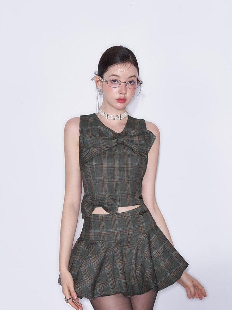 AFTADAWN Plaid 3d Bow Strappy Crop Tulip Skirt Slim Women&