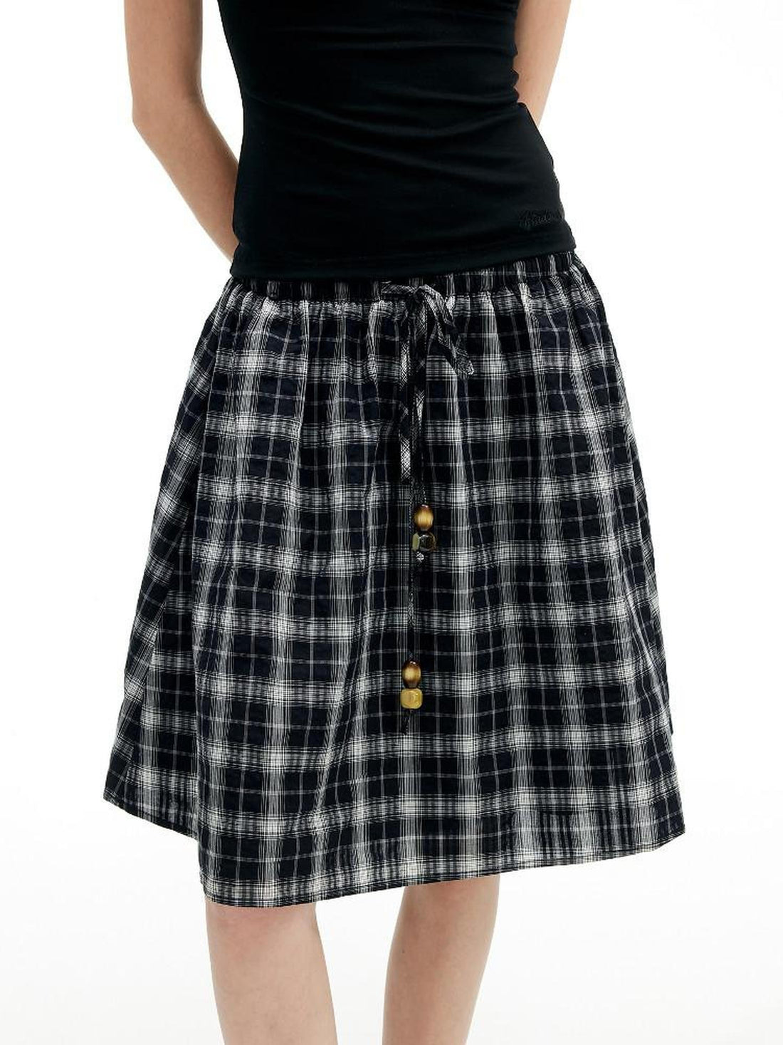 AFTADAWN Plaid Beaded Halter Elastic Tie A Line Women&