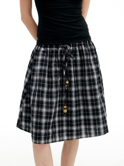 AFTADAWN Plaid Beaded Halter Elastic Tie A Line Women&