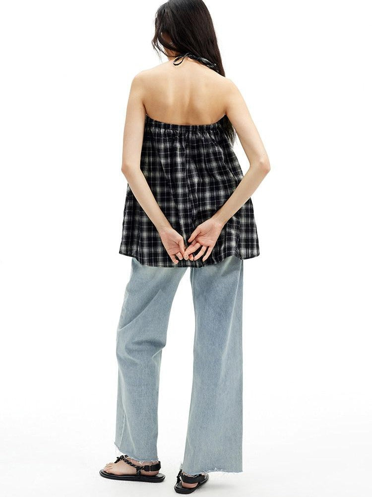 AFTADAWN Plaid Beaded Halter Elastic Tie A Line Women&