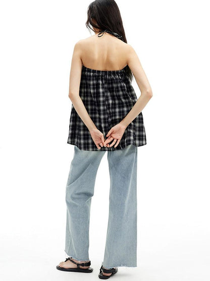 AFTADAWN Plaid Beaded Halter Elastic Tie A Line Women&
