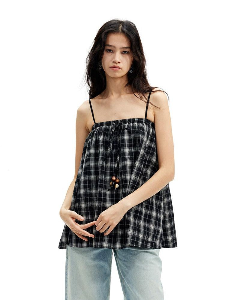 AFTADAWN Plaid Beaded Halter Elastic Tie A Line Women&