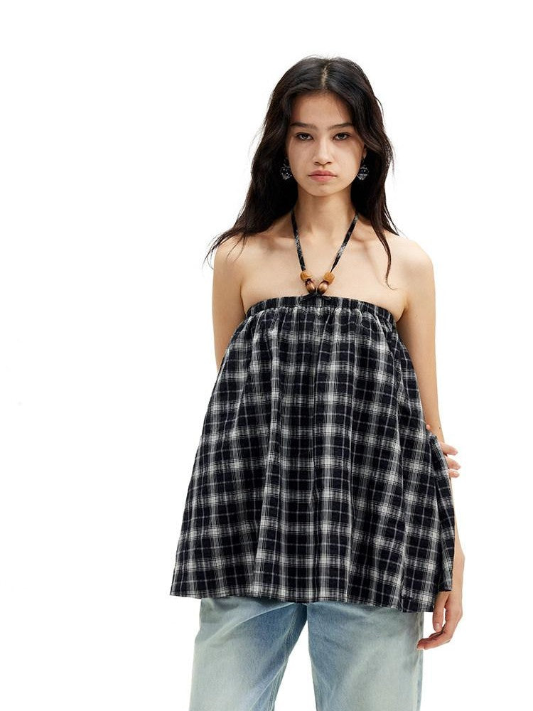 AFTADAWN Plaid Beaded Halter Elastic Tie A Line Women&