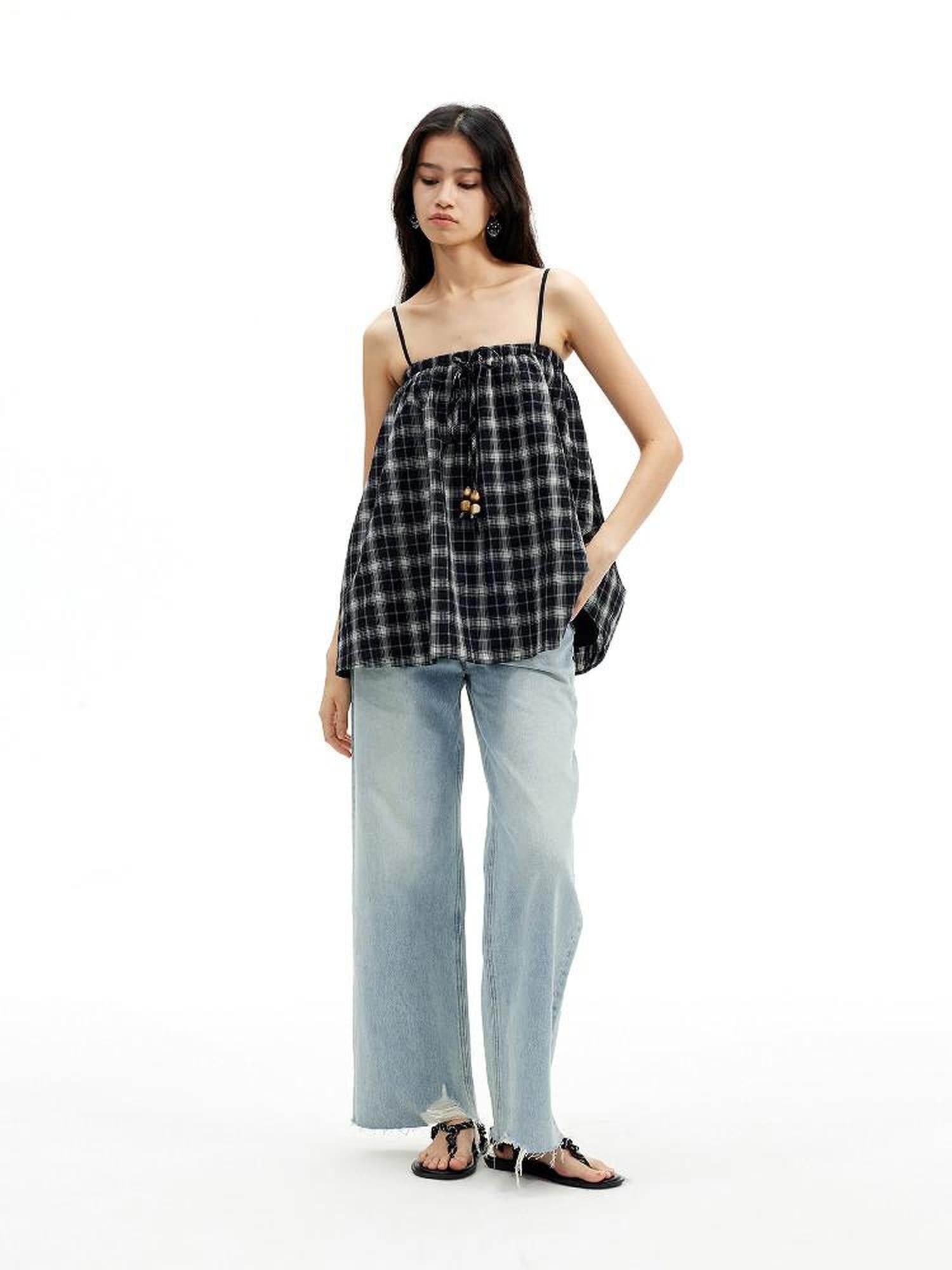 AFTADAWN Plaid Beaded Halter Elastic Tie A Line Women&