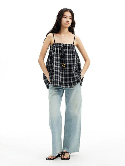 AFTADAWN Plaid Beaded Halter Elastic Tie A Line Women&