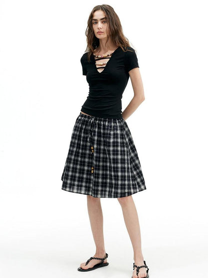 AFTADAWN Plaid Beaded Halter Elastic Tie A Line Women&