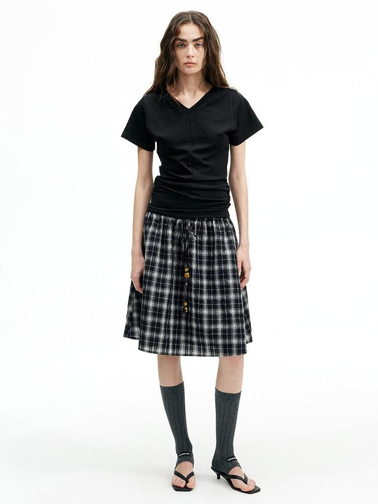 AFTADAWN Plaid Beaded Halter Elastic Tie A Line Women&