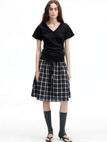 AFTADAWN Plaid Beaded Halter Elastic Tie A Line Women&