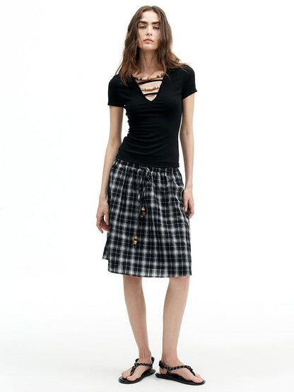 AFTADAWN Plaid Beaded Halter Elastic Tie A Line Women&
