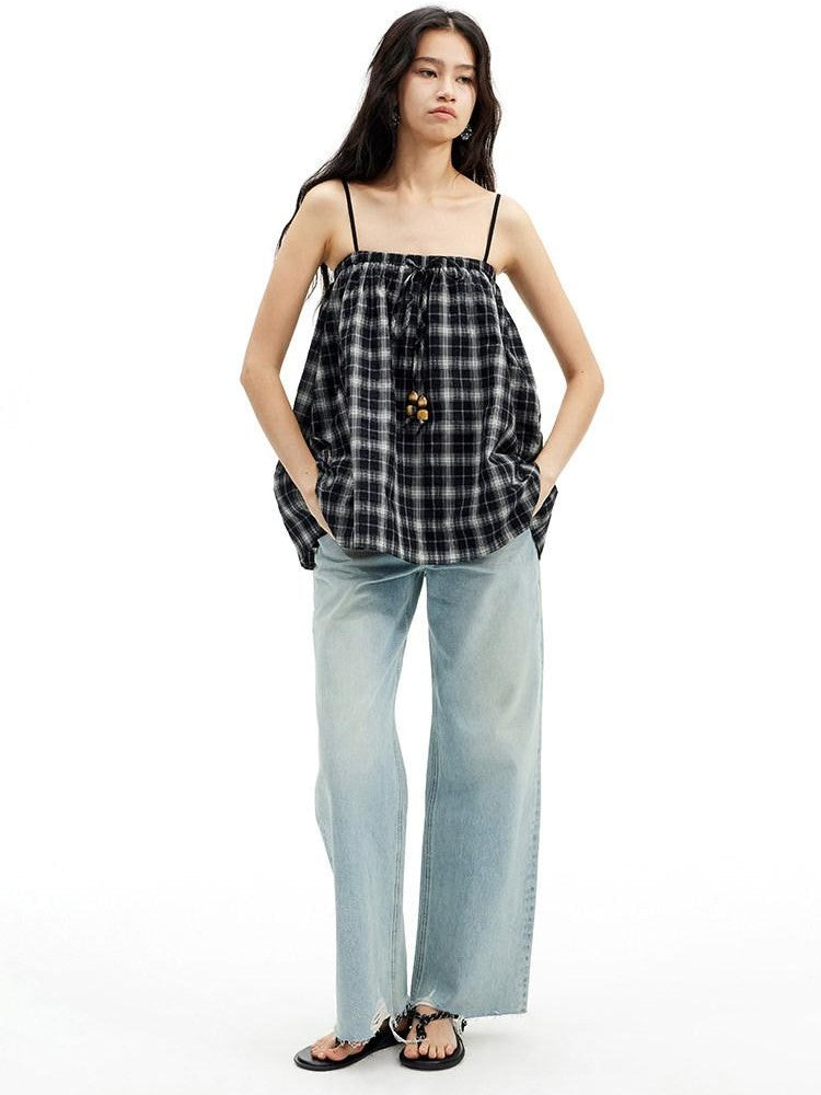 AFTADAWN Plaid Beaded Halter Elastic Tie A Line Women&