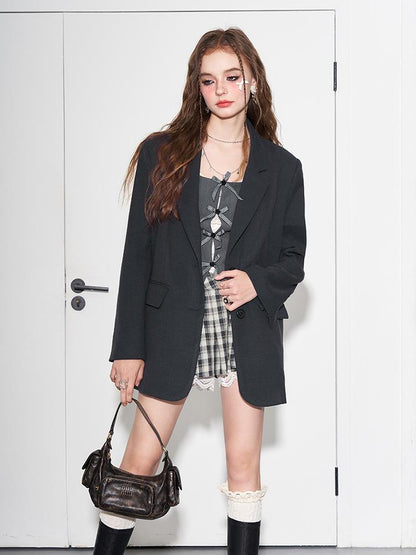AFTADAWN Plaid Bow Slit Blazer Vest