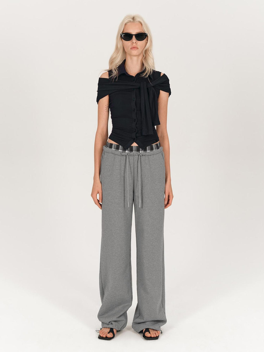 AFTADAWN Plaid Patchwork Dual Waistband Drawstring Cotton Cargo Pants