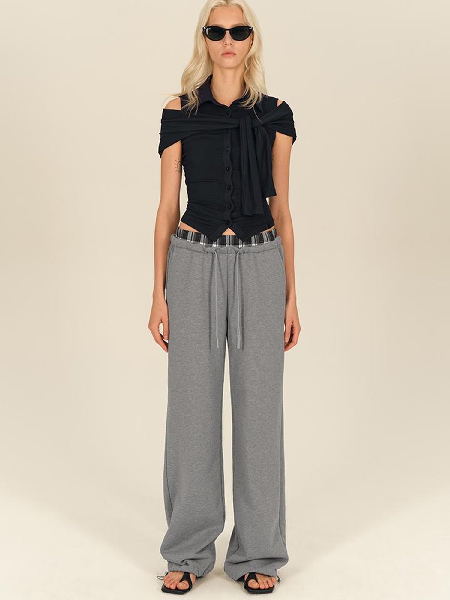 AFTADAWN Plaid Patchwork Dual Waistband Drawstring Cotton Cargo Pants