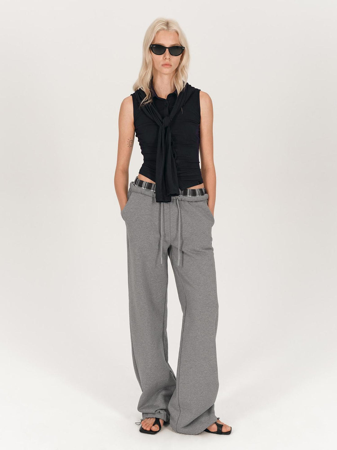 AFTADAWN Plaid Patchwork Dual Waistband Drawstring Cotton Cargo Pants