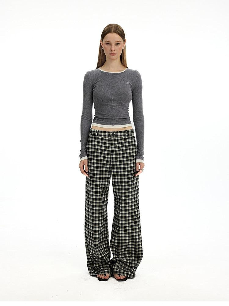 AFTADAWN Plaid Relaxed Mid Rise Natural Waist Pocketed Zip Fly Women&