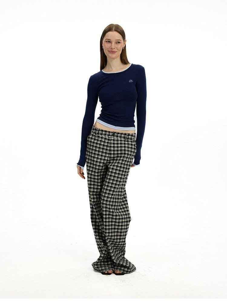 AFTADAWN Plaid Relaxed Mid Rise Natural Waist Pocketed Zip Fly Women&