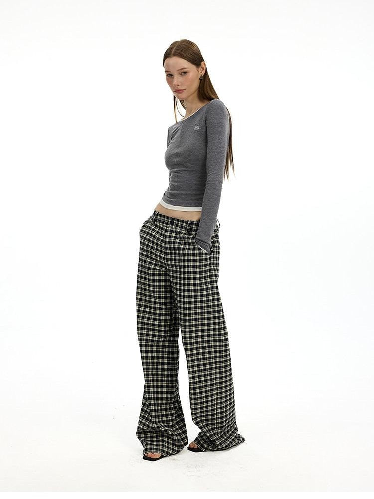 AFTADAWN Plaid Relaxed Mid Rise Natural Waist Pocketed Zip Fly Women&