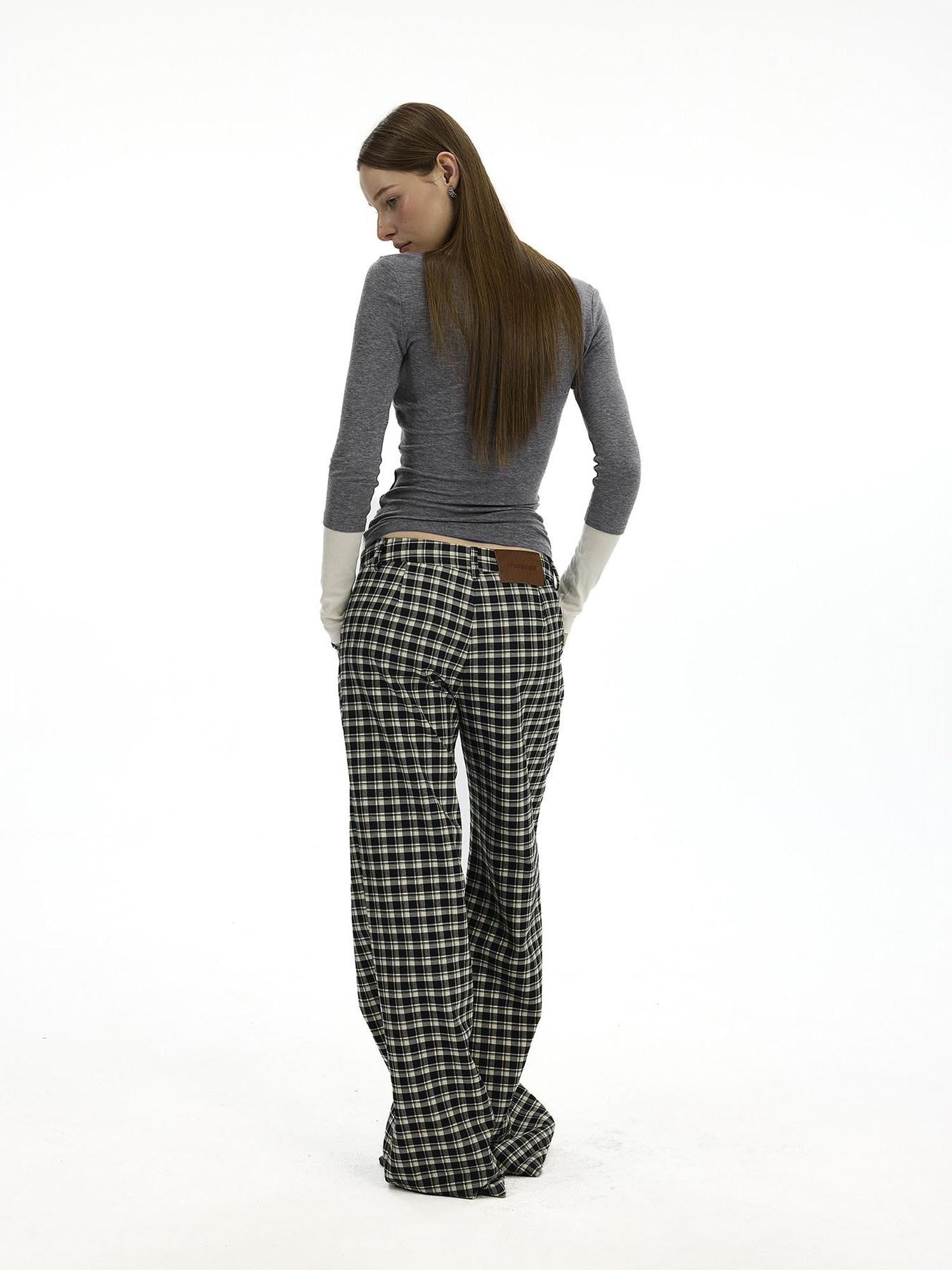 AFTADAWN Plaid Relaxed Mid Rise Natural Waist Pocketed Zip Fly Women&