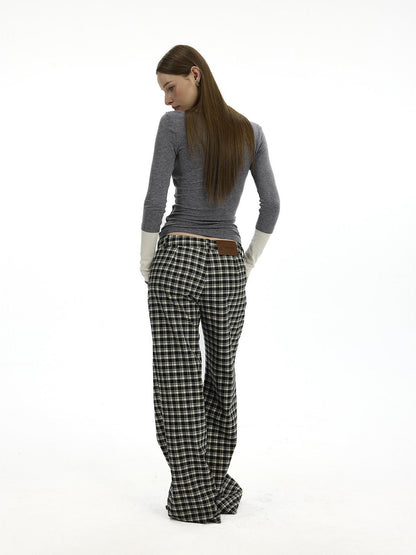 AFTADAWN Plaid Relaxed Mid Rise Natural Waist Pocketed Zip Fly Women&