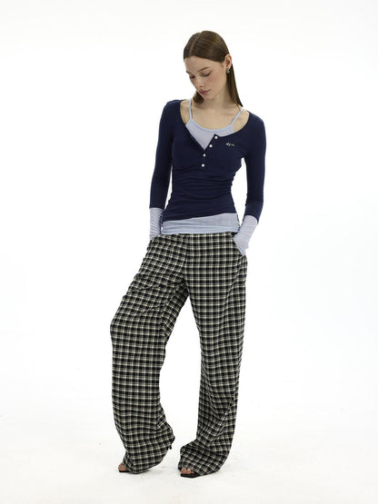AFTADAWN Plaid Relaxed Mid Rise Natural Waist Pocketed Zip Fly Women&