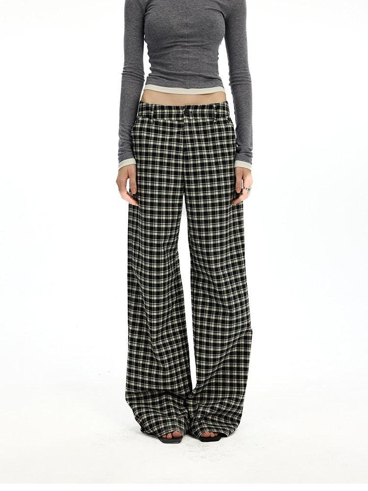 AFTADAWN Plaid Relaxed Mid Rise Natural Waist Pocketed Zip Fly Women&