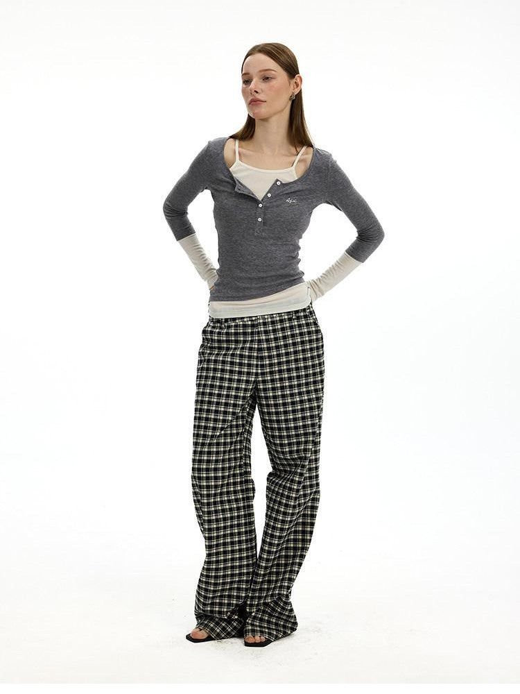 AFTADAWN Plaid Relaxed Mid Rise Natural Waist Pocketed Zip Fly Women&