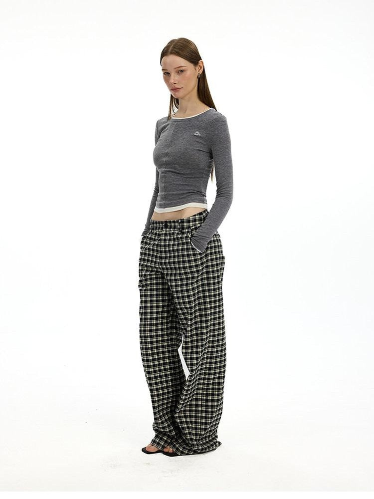 AFTADAWN Plaid Relaxed Mid Rise Natural Waist Pocketed Zip Fly Women&