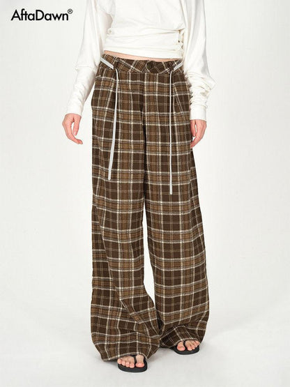 AFTADAWN Plaid Textured Pleated Low Waist Women&