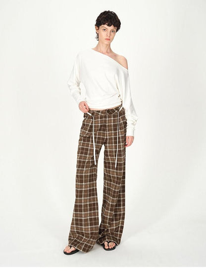 AFTADAWN Plaid Textured Pleated Low Waist Women&