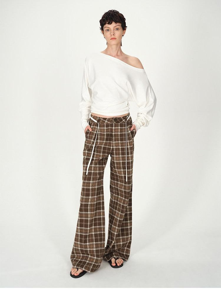 AFTADAWN Plaid Textured Pleated Low Waist Women&