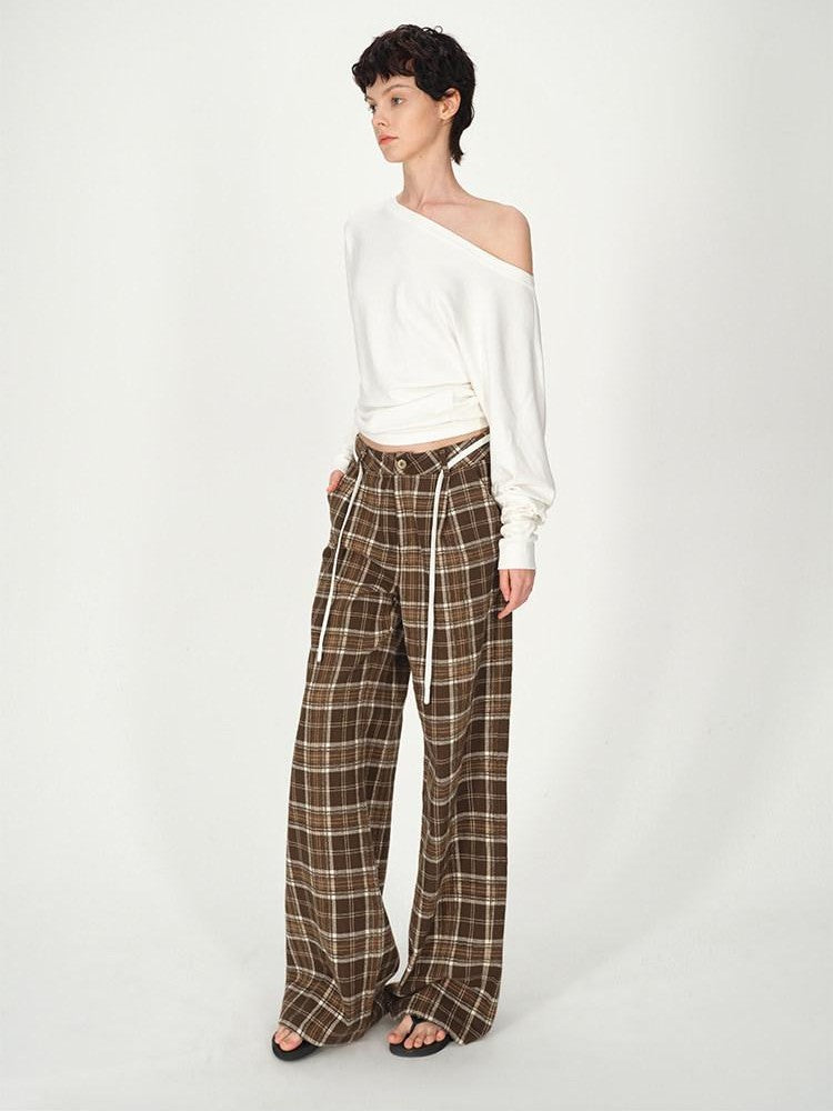 AFTADAWN Plaid Textured Pleated Low Waist Women&