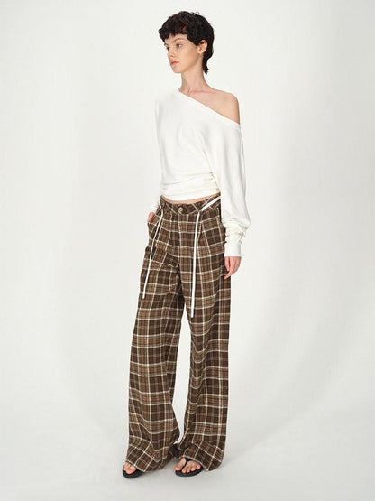 AFTADAWN Plaid Textured Pleated Low Waist Women&