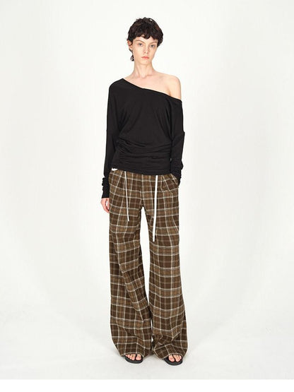 AFTADAWN Plaid Textured Pleated Low Waist Women&