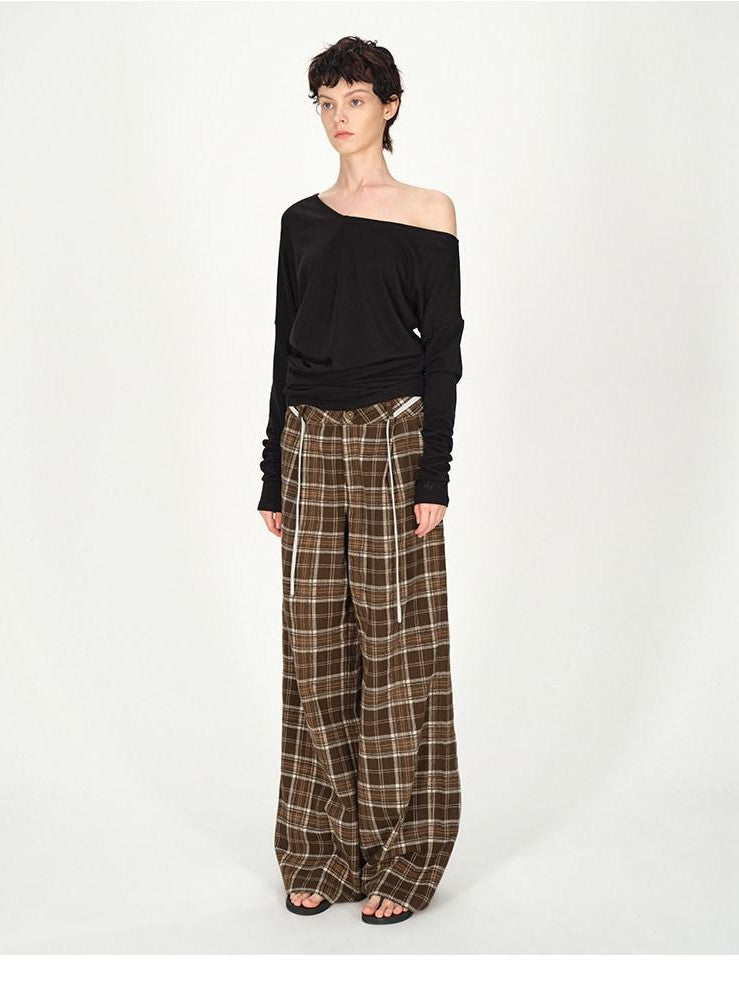 AFTADAWN Plaid Textured Pleated Low Waist Women&
