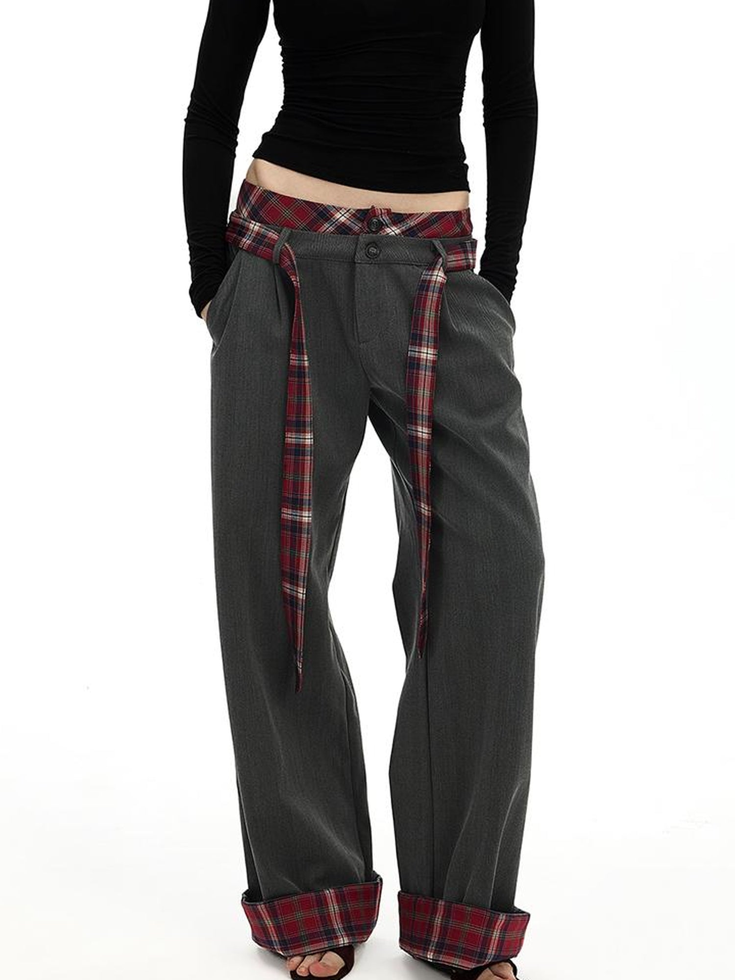 AFTADAWN Plaid Waistband Two Way Flare Trousers with Sash