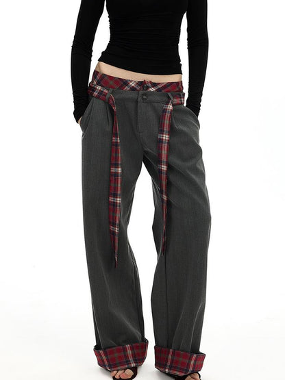 AFTADAWN Plaid Waistband Two Way Flare Trousers with Sash