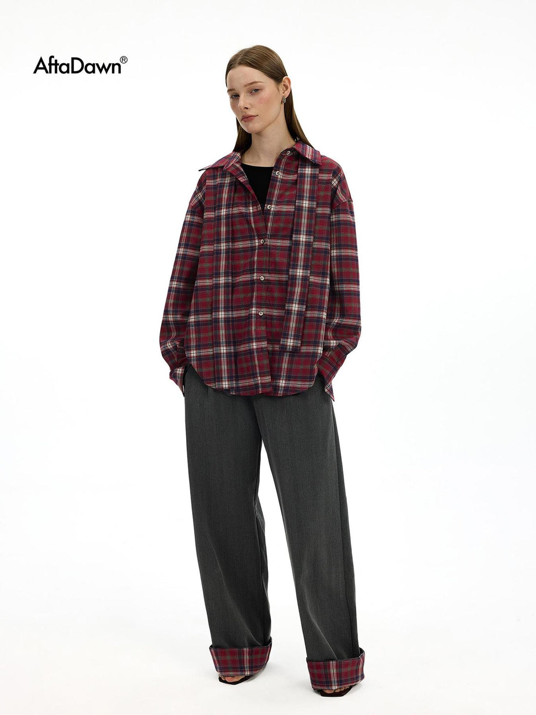 AFTADAWN Plaid Waistband Two Way Flare Trousers with Sash