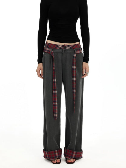 AFTADAWN Plaid Waistband Two Way Flare Trousers with Sash