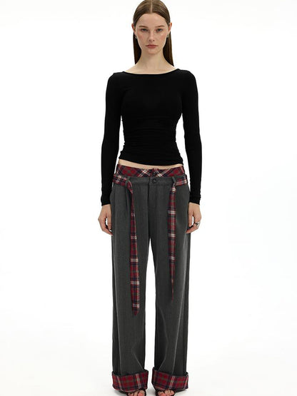 AFTADAWN Plaid Waistband Two Way Flare Trousers with Sash