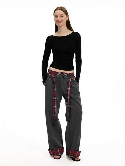 AFTADAWN Plaid Waistband Two Way Flare Trousers with Sash