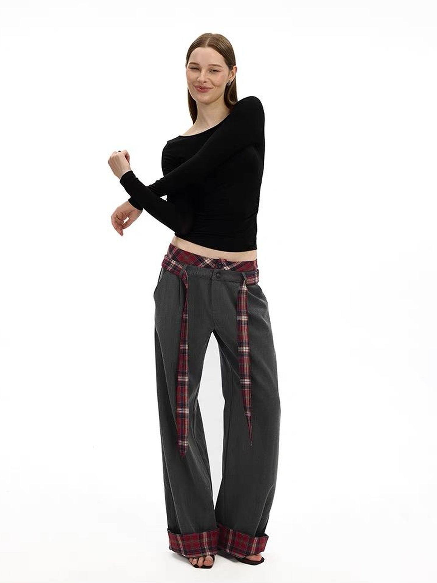 AFTADAWN Plaid Waistband Two Way Flare Trousers with Sash