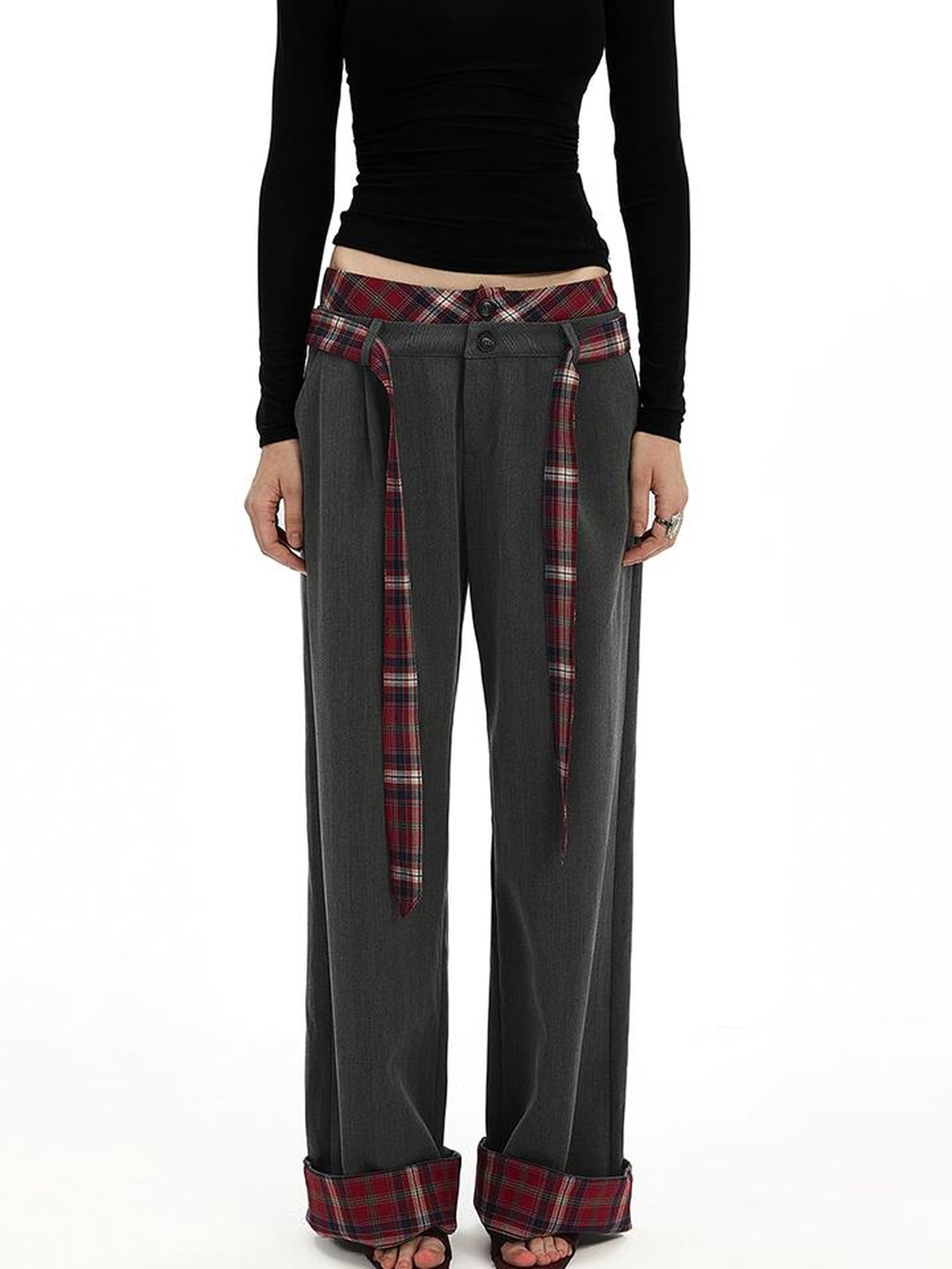 AFTADAWN Plaid Waistband Two Way Flare Trousers with Sash
