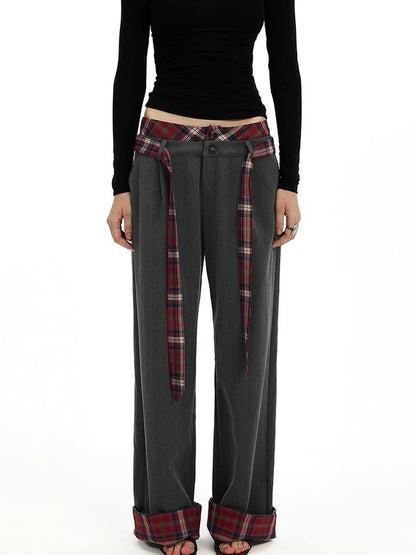 AFTADAWN Plaid Waistband Two Way Flare Trousers with Sash