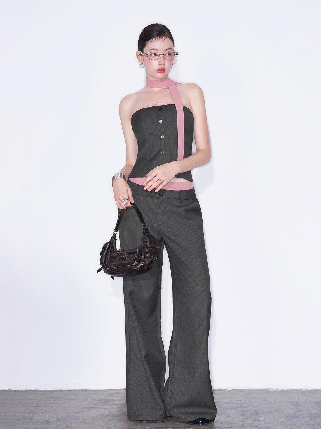 AFTADAWN Playful Office Spliced Halter Vest Wool Suit Set