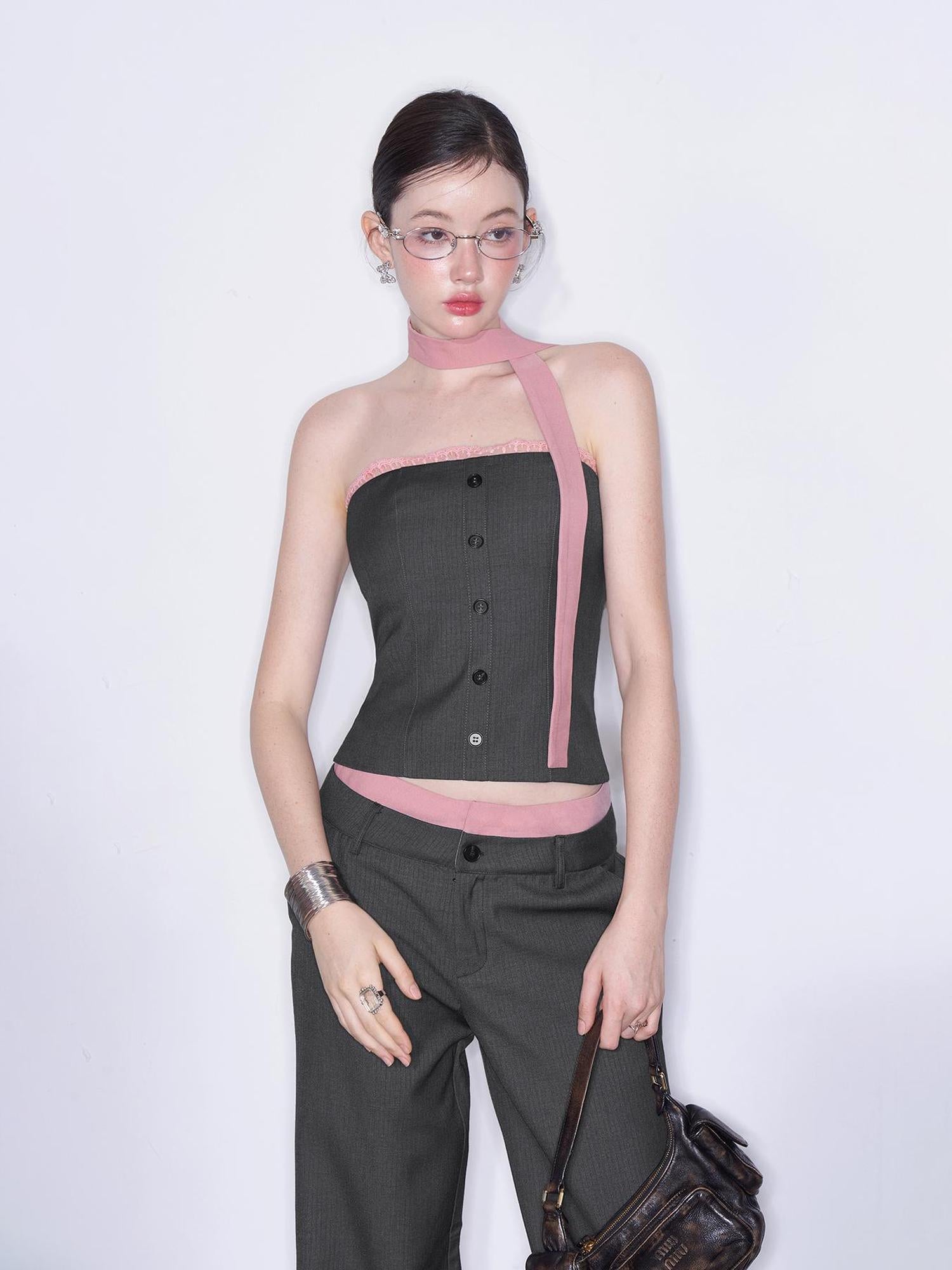 AFTADAWN Playful Office Spliced Halter Vest Wool Suit Set