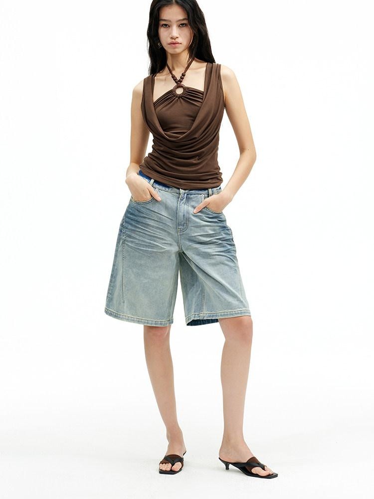 AFTADAWN Pleated Beaded Faux Layered Draped Neck Women&