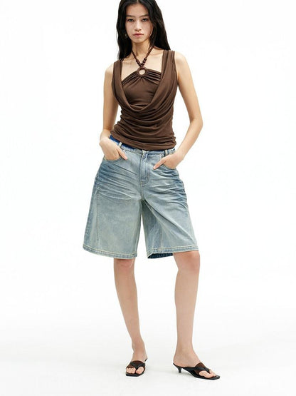 AFTADAWN Pleated Beaded Faux Layered Draped Neck Women&