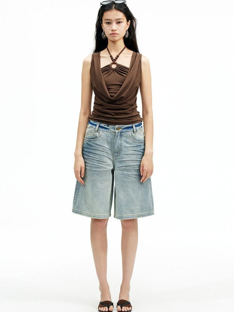 AFTADAWN Pleated Beaded Faux Layered Draped Neck Women&